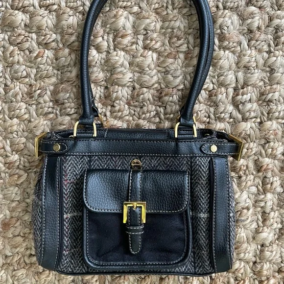 MINT Condition Vintage Etienne Aigner Mini Tweed & Leather Bag | Black Plaid - Picture 2 of 9